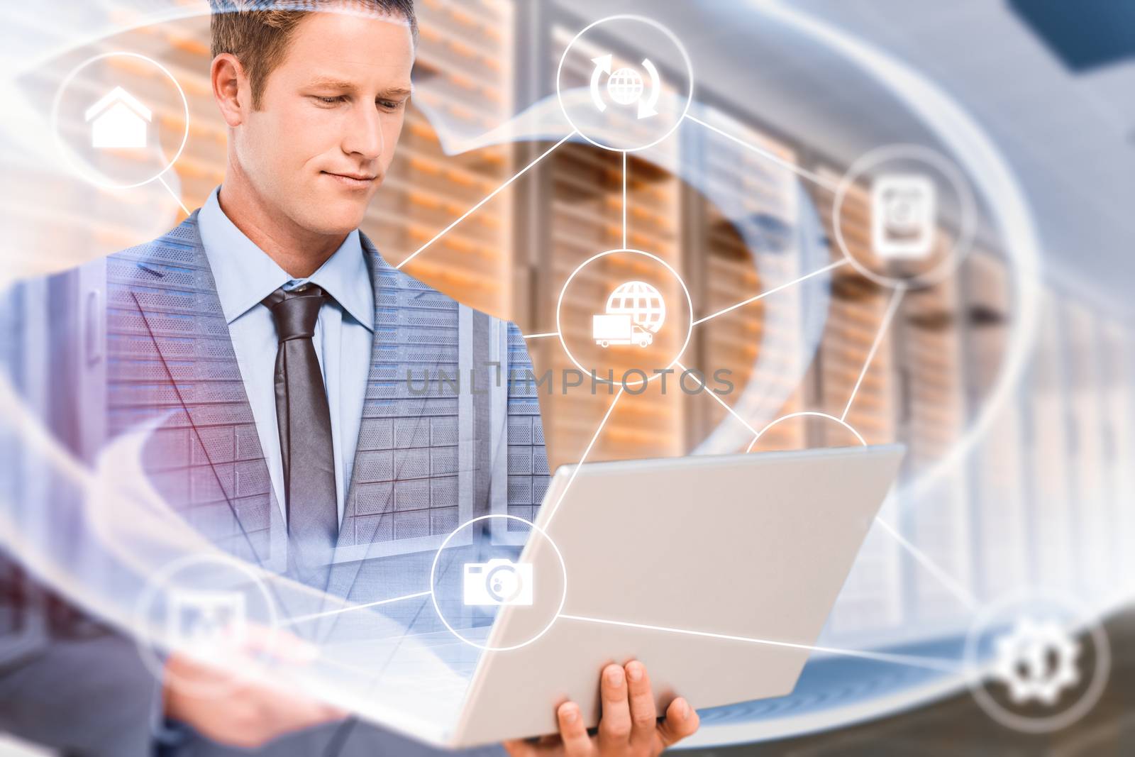 Composite image of businessman holding his laptop by Wavebreakmedia