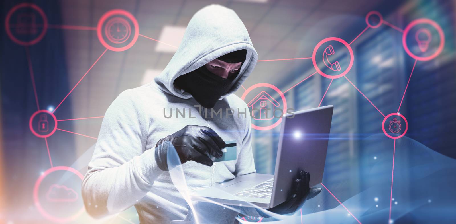 Composite image of hacker using laptop to steal identity by Wavebreakmedia