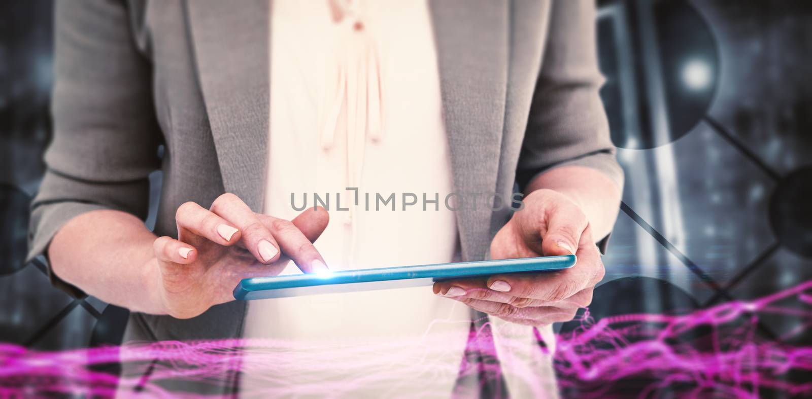 Close up of woman using tablet against abstract shiny black background