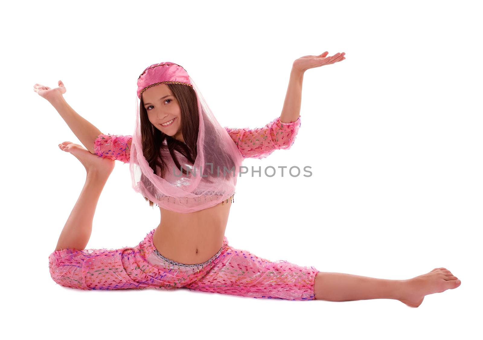 Young Girl Do Unusual Splits in Pink Oriental Costume on white background