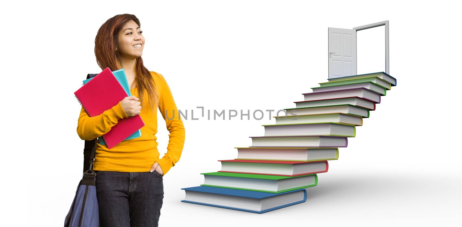 Female college student with books in park against steps made from books leading to open door