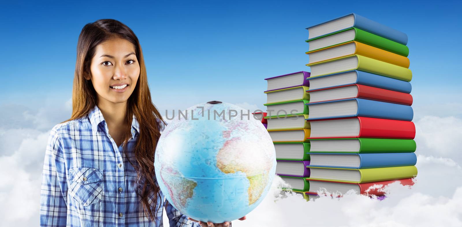 Smiling asian woman holding a globe against steps made from books