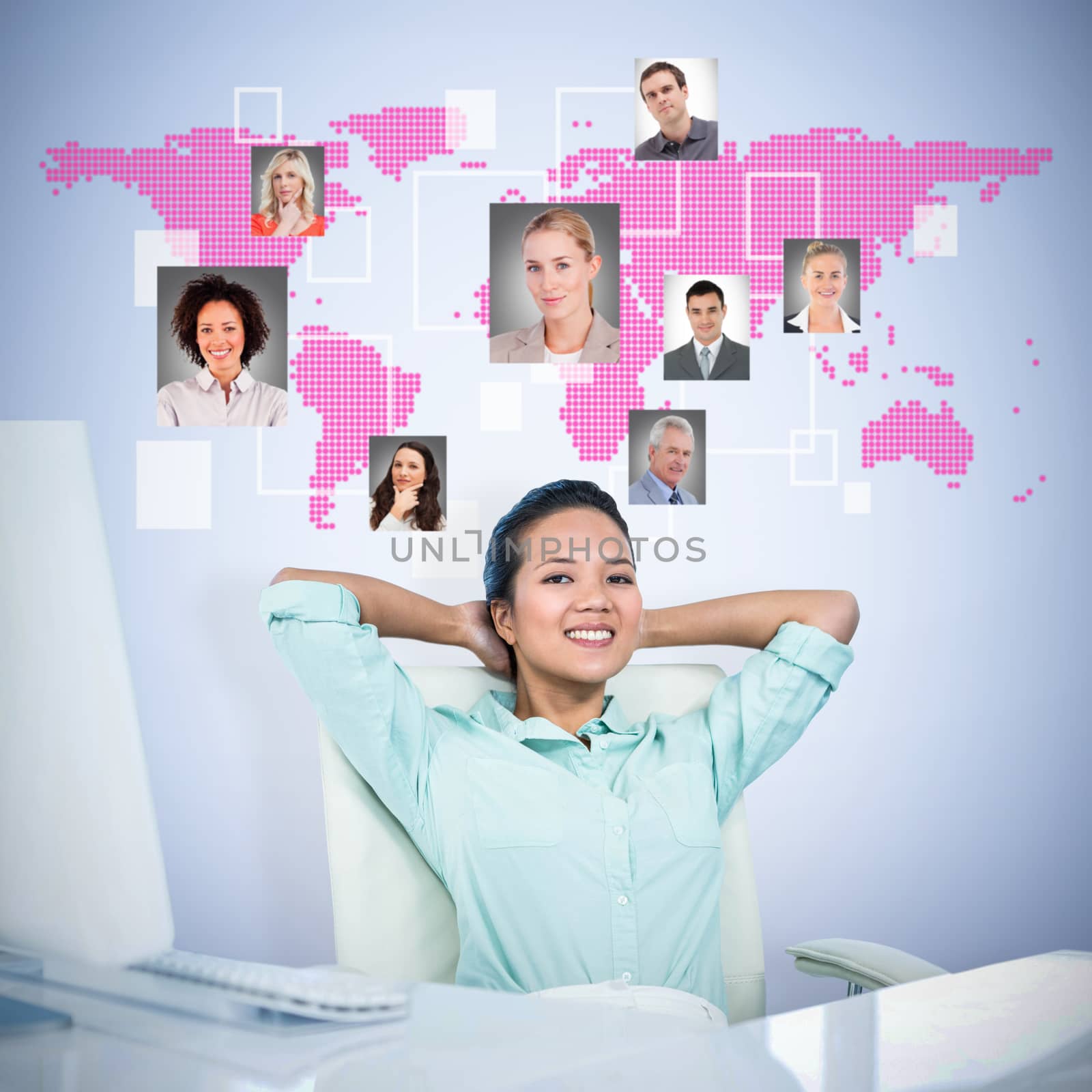 Composite image of smiling businesswoman with hands behind head by Wavebreakmedia