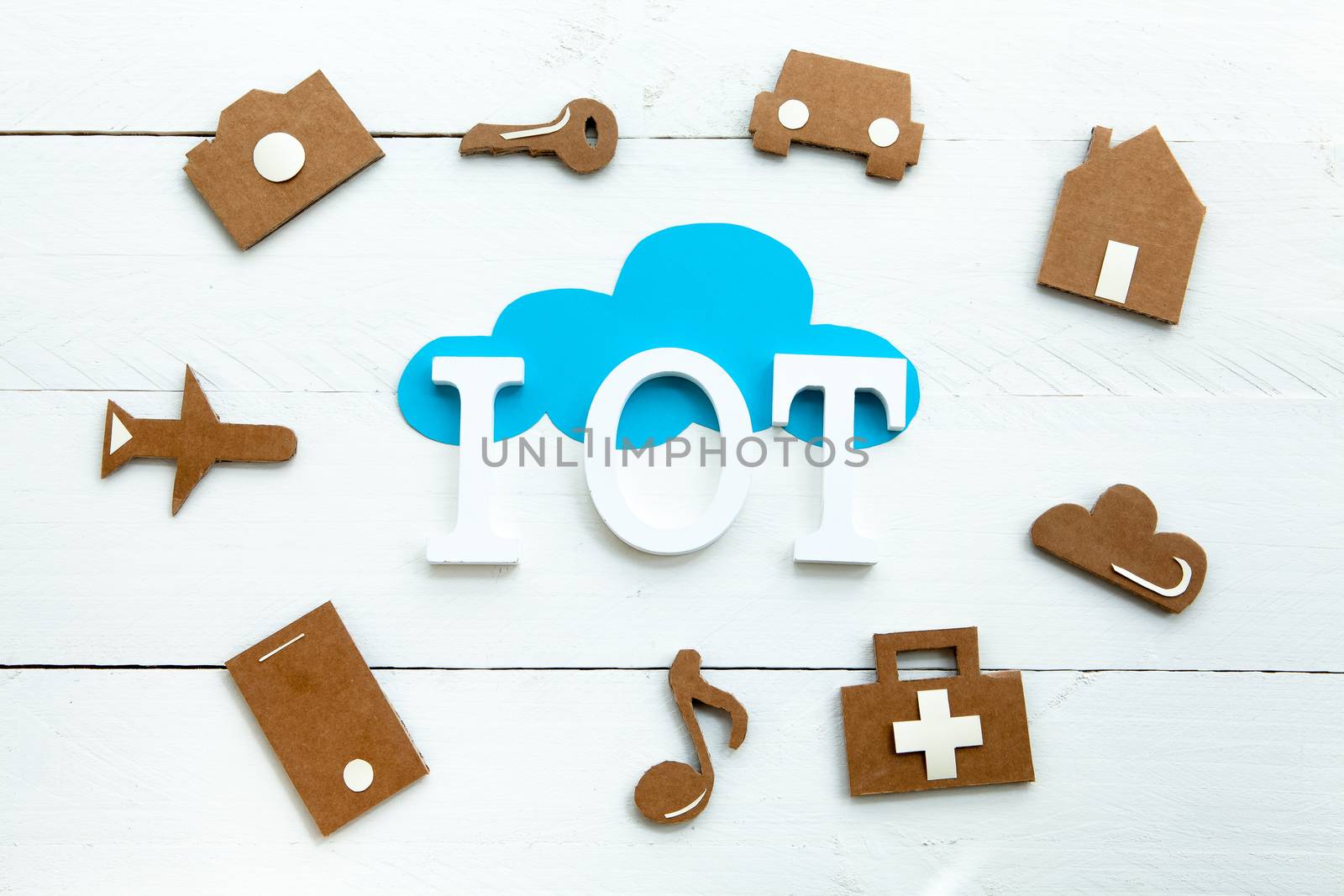 Cardboard web icons,  blue cloud and Iinternet of things acronym by andongob