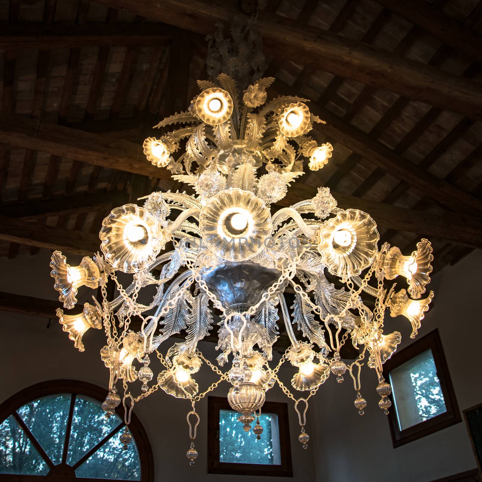 Antique chandelier of blown glass, handmade by master glassblowers of Burano, Italy.