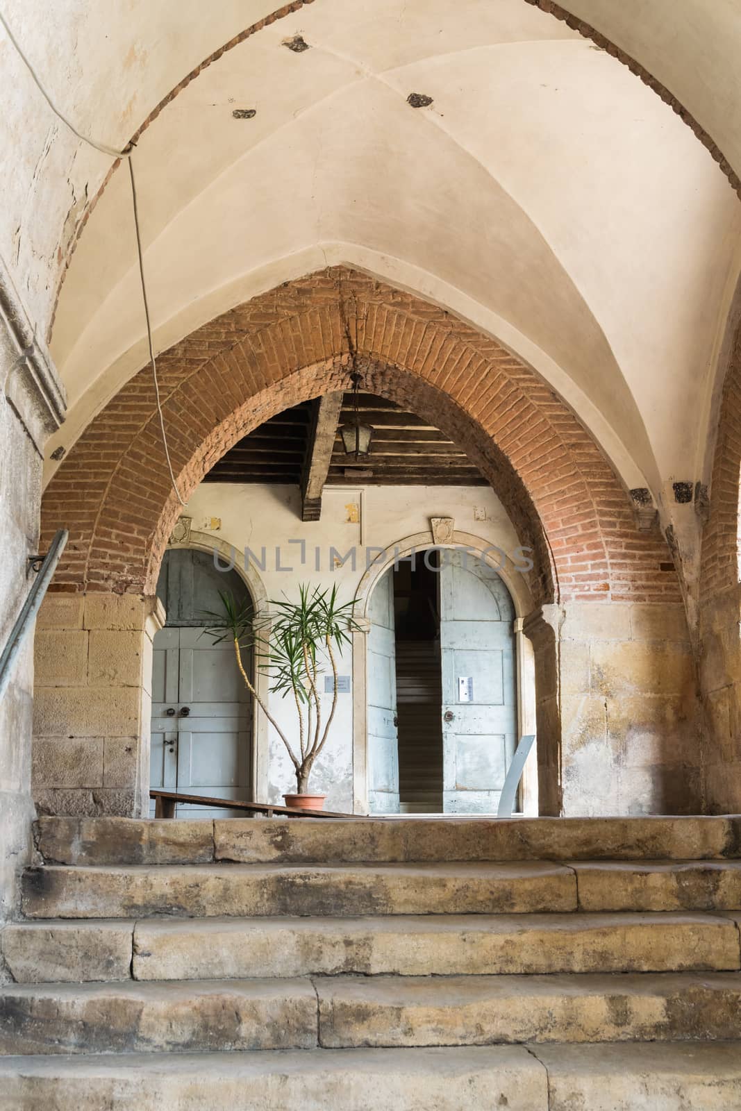 Brick pointed arch in a former Benedictine monastery.