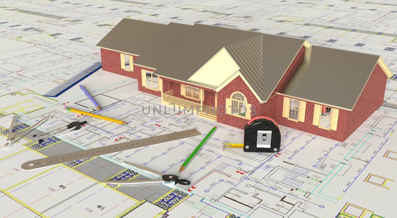 Rendering of the house architectural drawing and layout