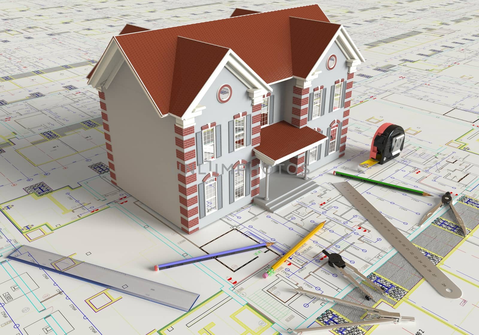 Rendering of the house architectural drawing and layout