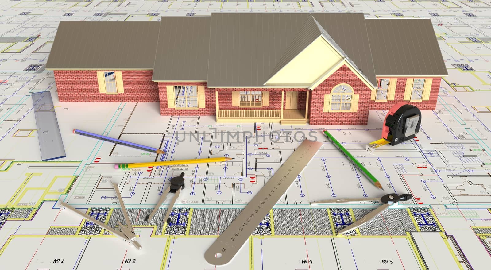 Rendering of the house architectural drawing and layout