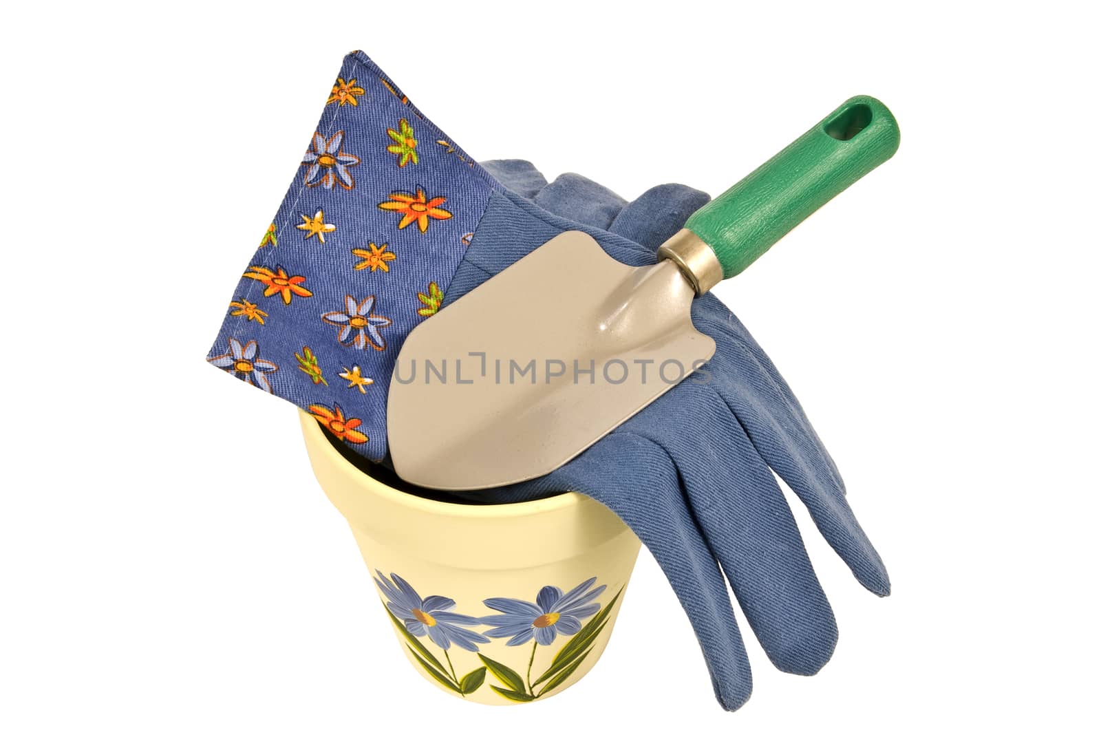 Flower pot, gardening gloves and trowel isolated on white.
