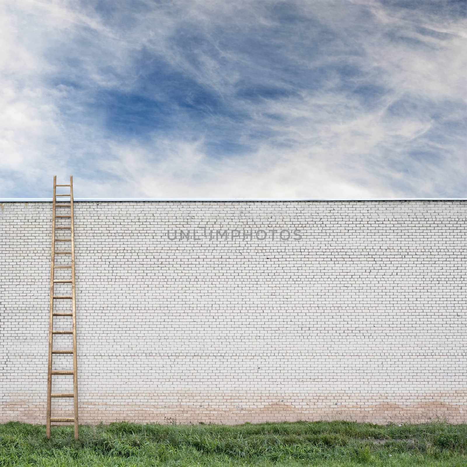 huge white brick wall with a wooden ladder, green grass and cloudy sky background