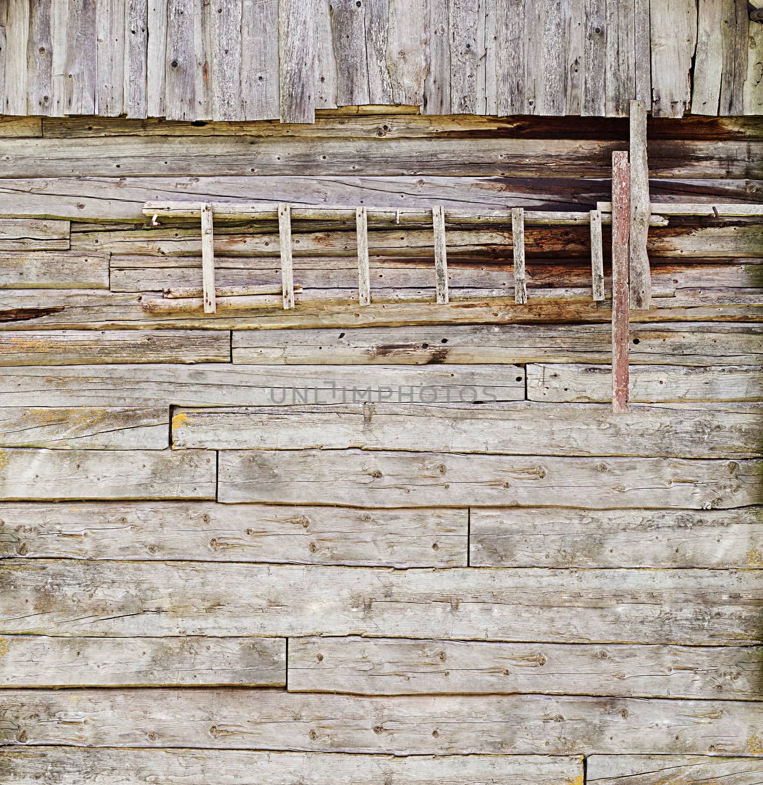 wooden ladder on the plank wall background