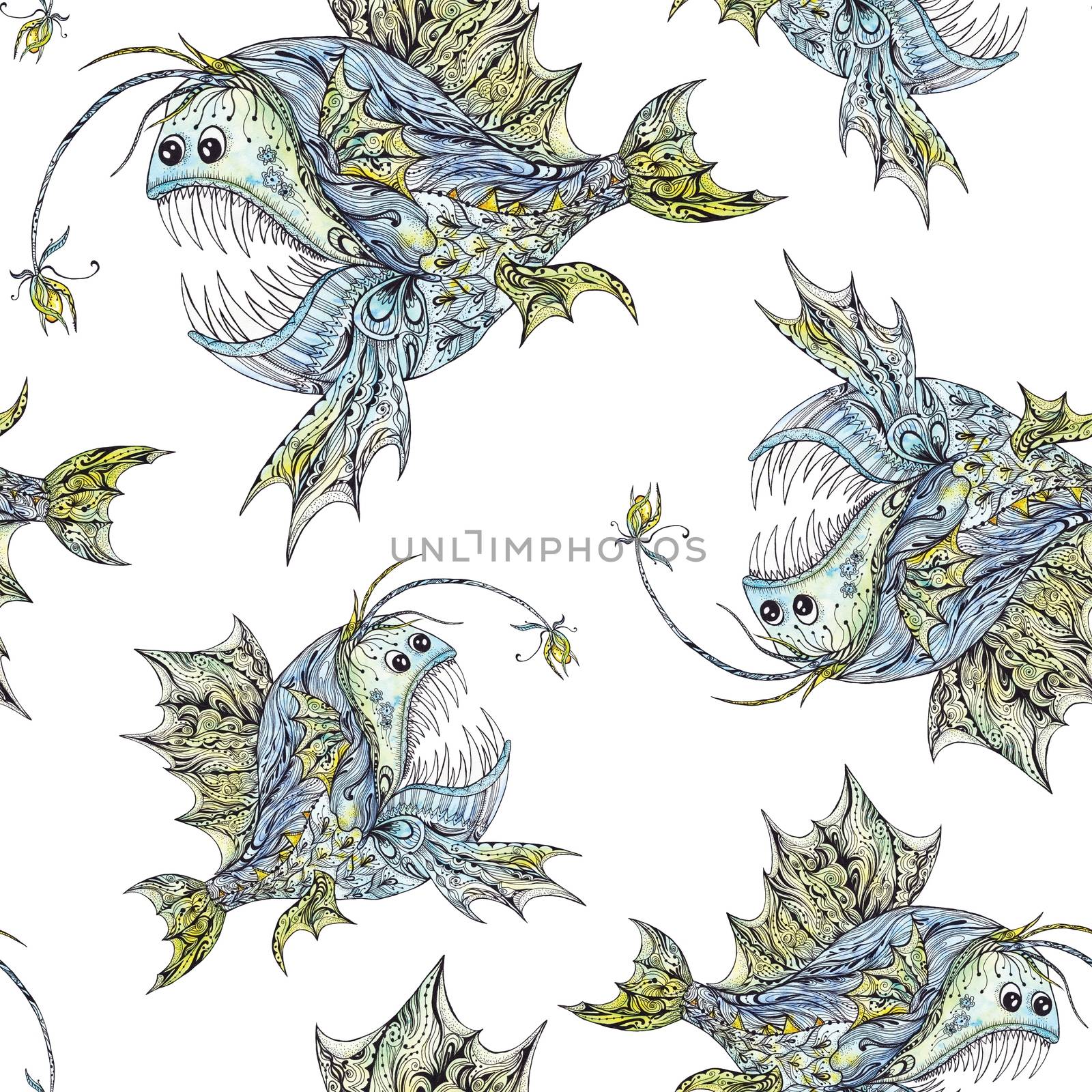 Seamless watercolor marine texture with cartoon sketch monkfish on white background