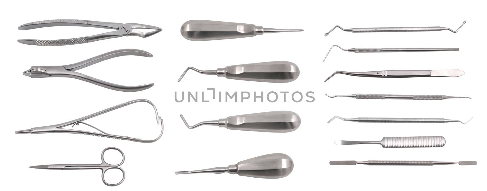 Top view of a complete set of dentist equipment and tools isolated on white background