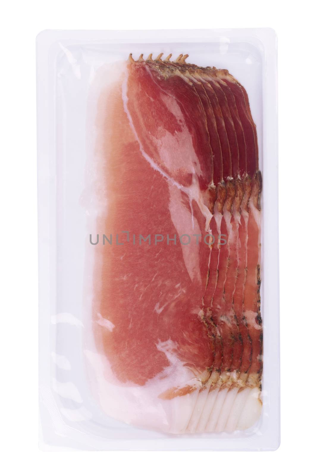 Vertical front view of prosciutto slices packed in plastic isolated on white background