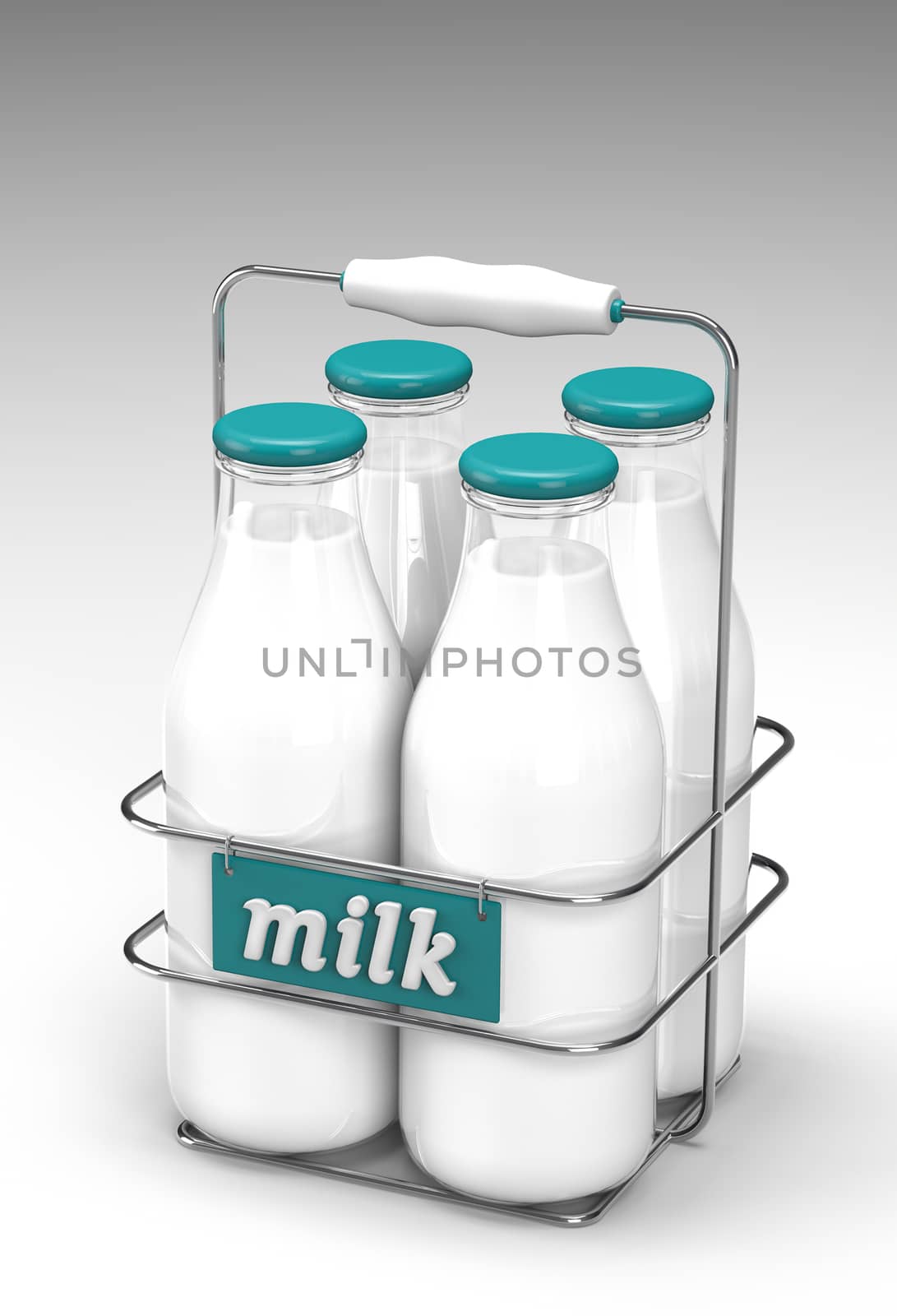 Four glass bottles of milk with light blue caps in a metal carrying case with holder and word milk written on the front on white background