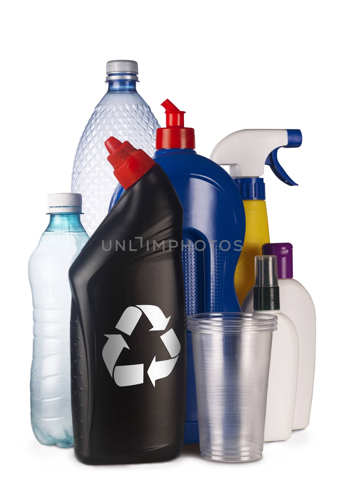 Set of plastic containers isolated on white background, ready for recycle 