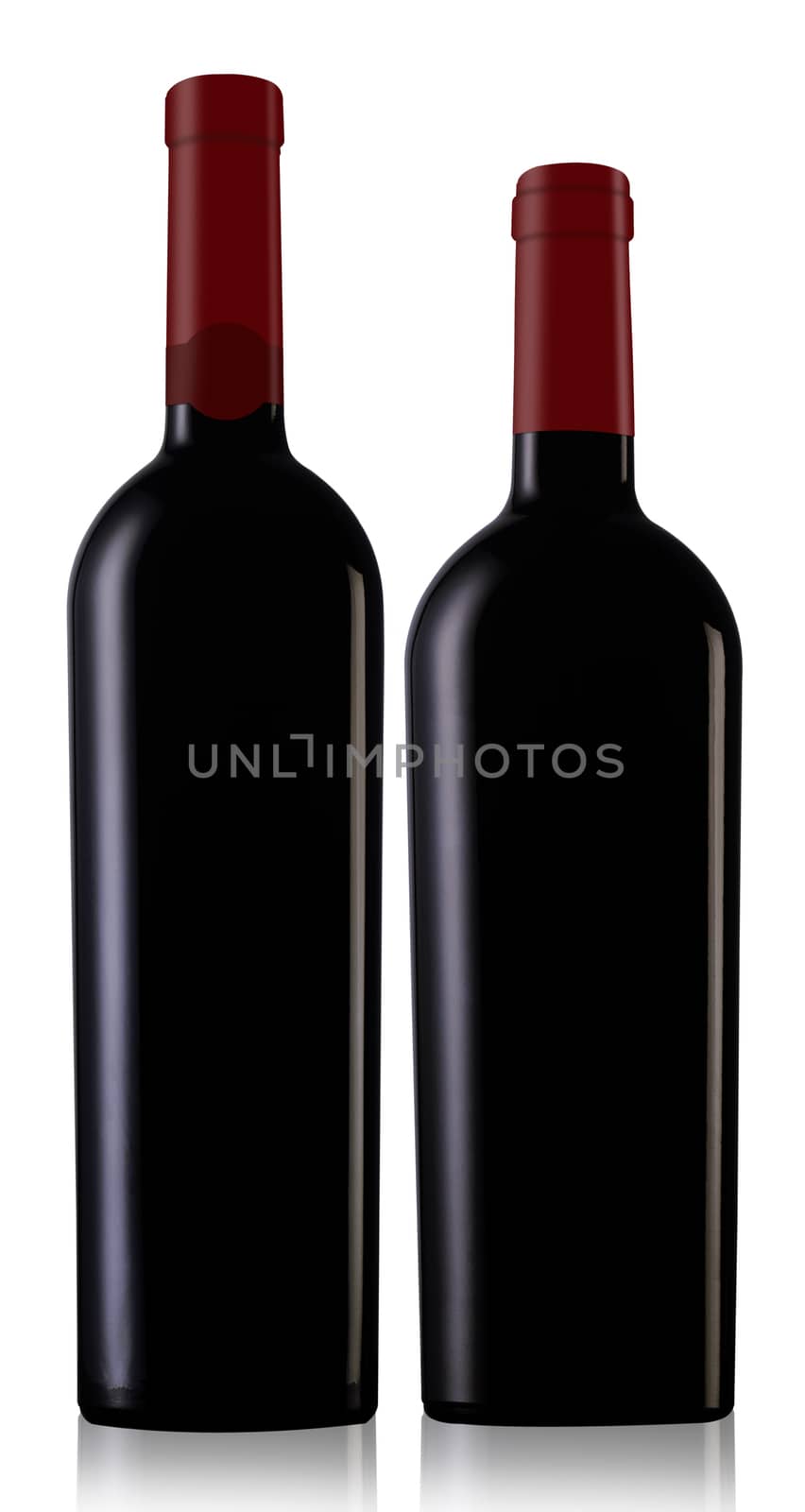Two red wine bottles with caps and no label isolated on white background