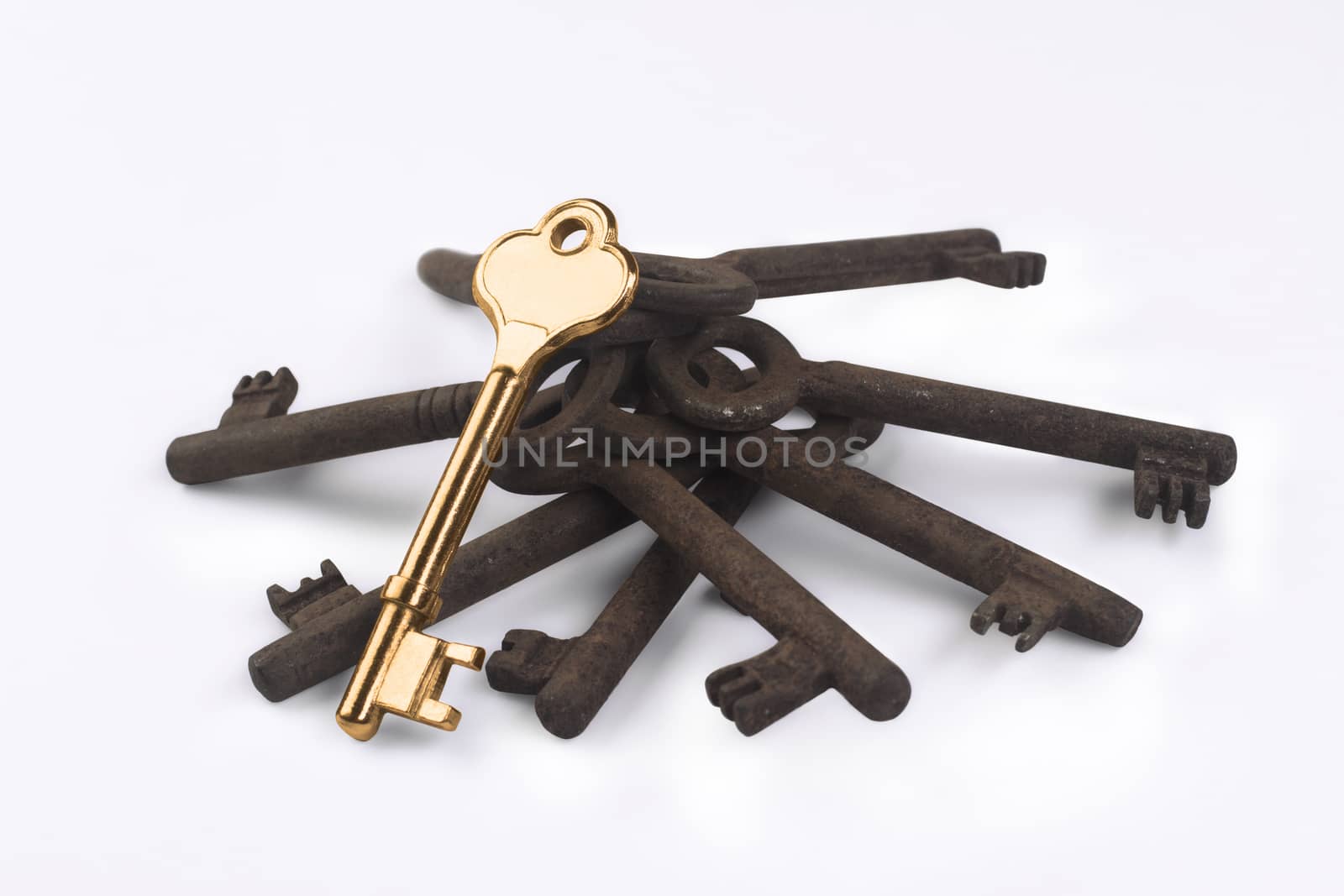 A golden key sitting on a bunch of rusty keys isolated on white background.