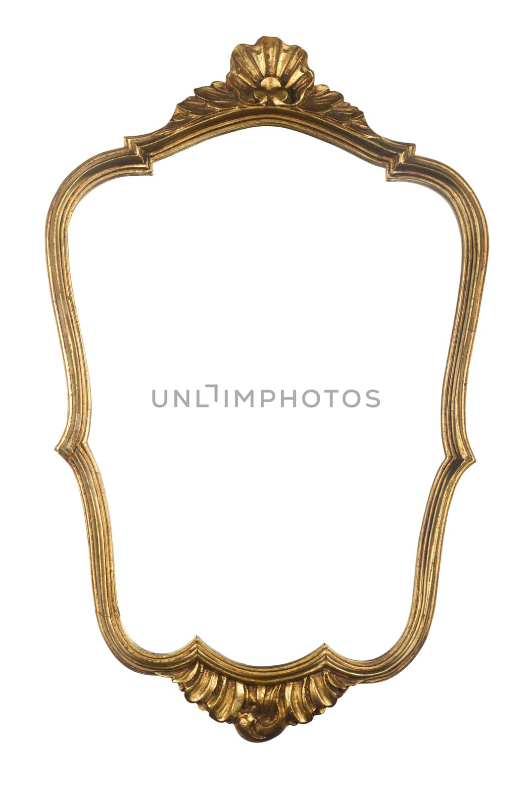 Isolated vintage golden wood frame with ornaments.