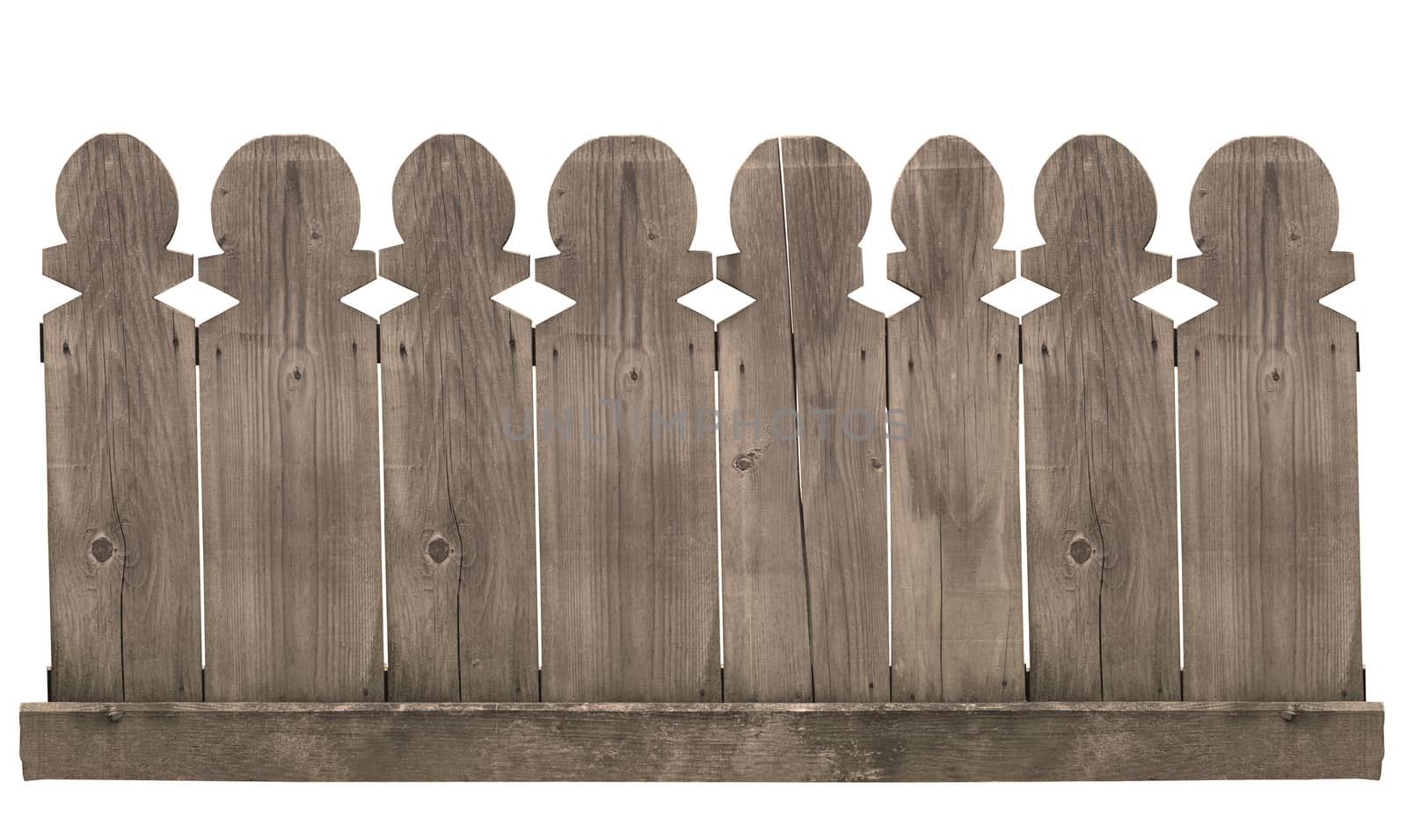 horizontal front view of a wooden fence isolated on white background