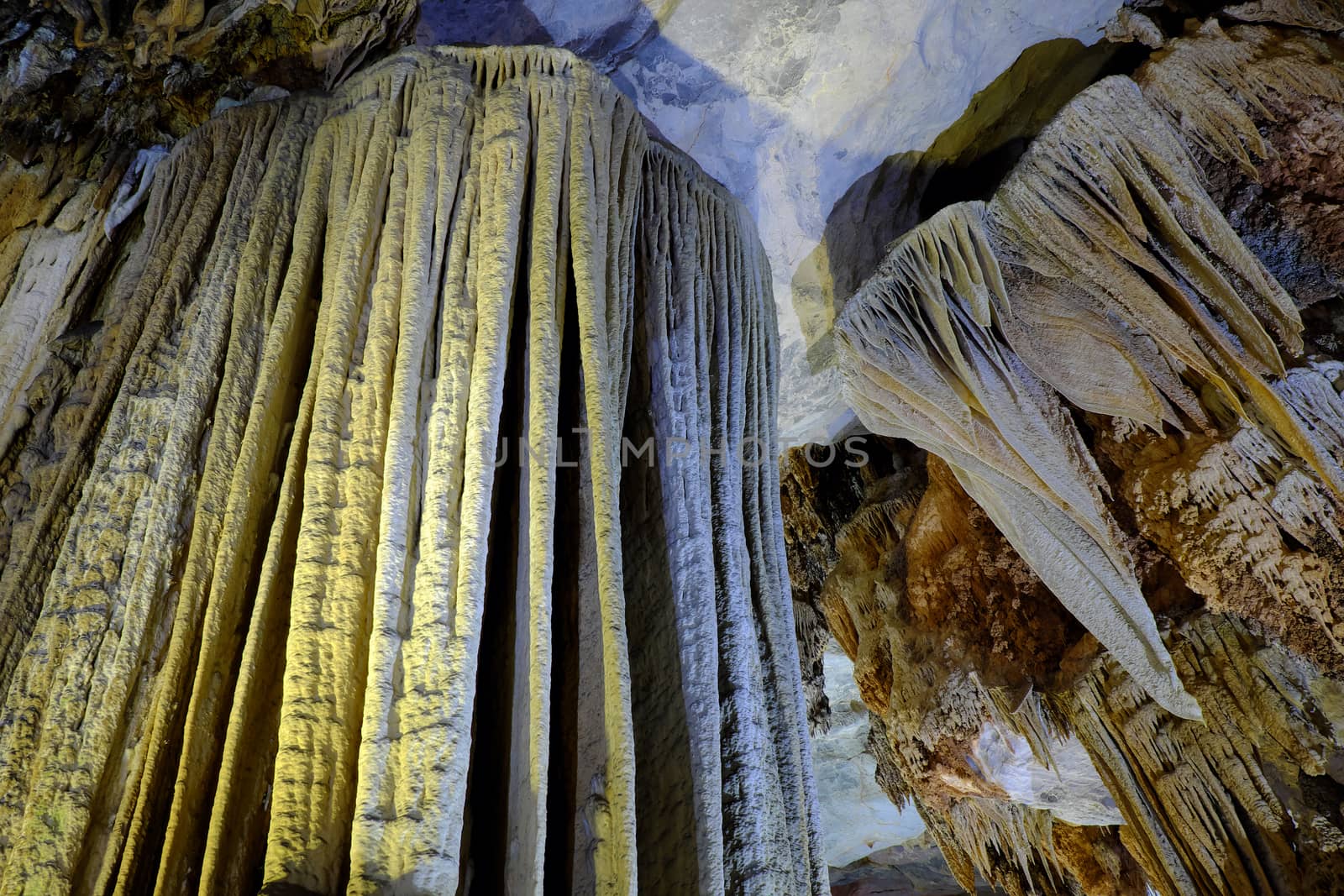 Paradise cave, an amazing, wonderful cavern at Bo Trach, Quang Binh, Vietnam, underground beautiful place for travel, heritage national with impression formation, abstract shape from stalactite