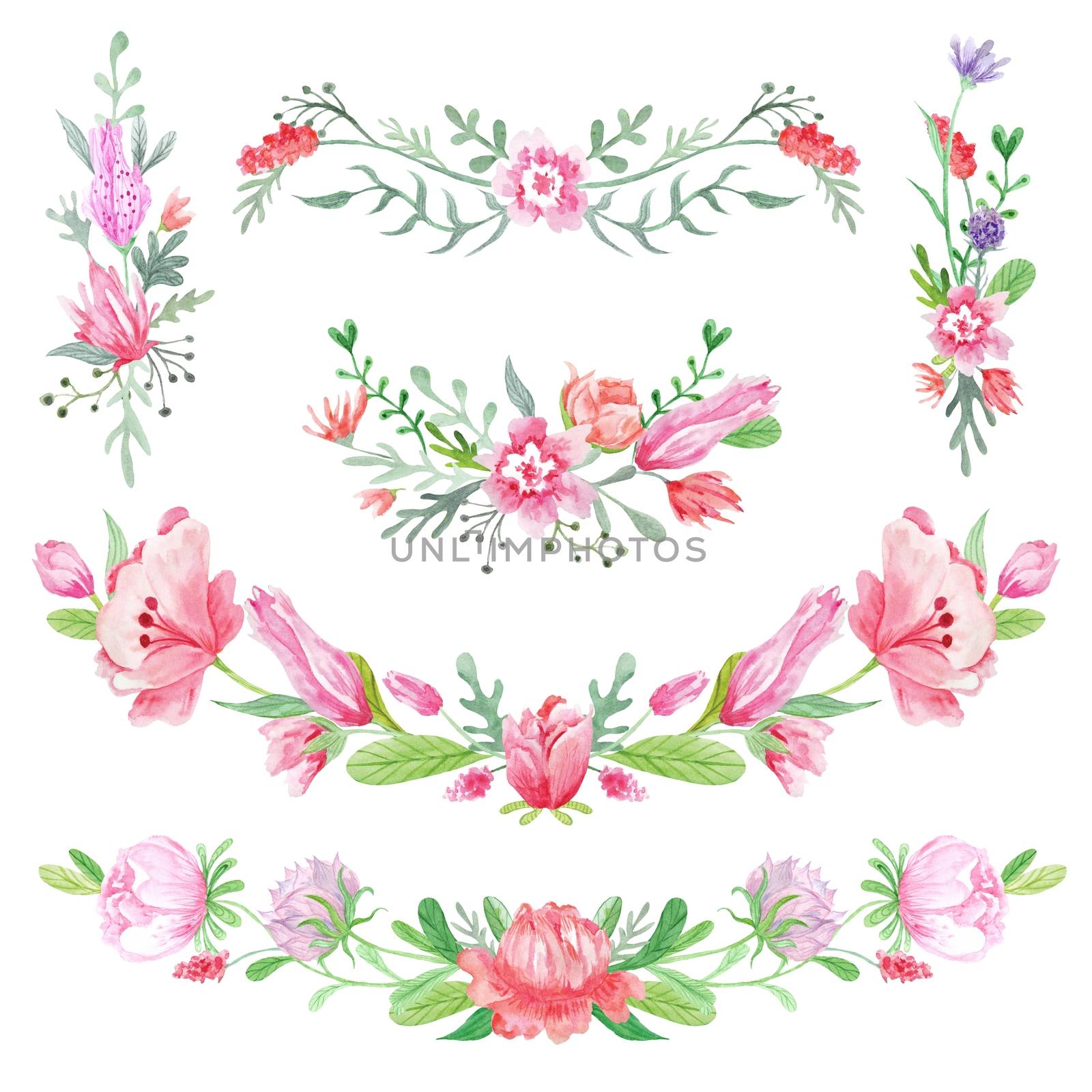 Creative spring watercolor color wreath borders on white background for wedding and invitation design