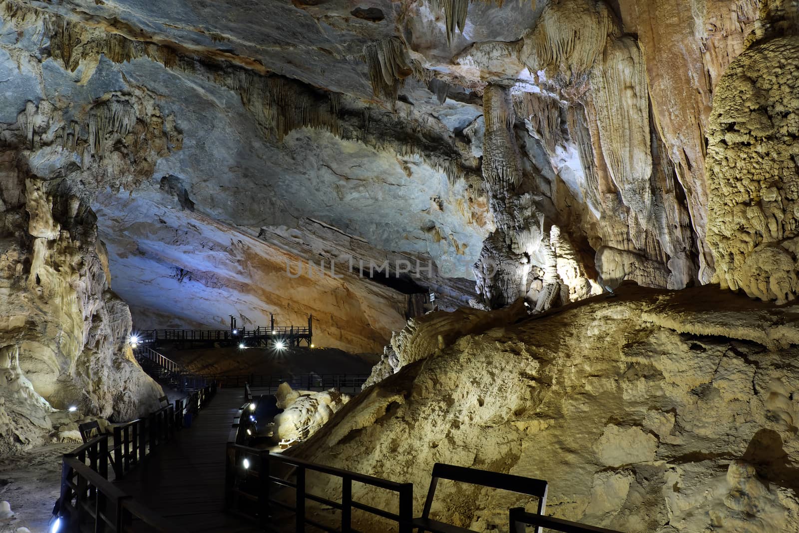 Paradise cave, an amazing, wonderful cavern at Bo Trach, Quang Binh, Vietnam, underground beautiful place for travel, heritage national with impression formation, abstract shape from stalactite