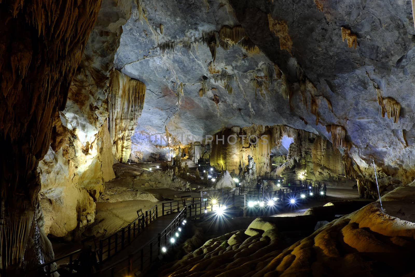 Paradise cave, an amazing, wonderful cavern at Bo Trach, Quang Binh, Vietnam, underground beautiful place for travel, heritage national with impression formation, abstract shape from stalactite