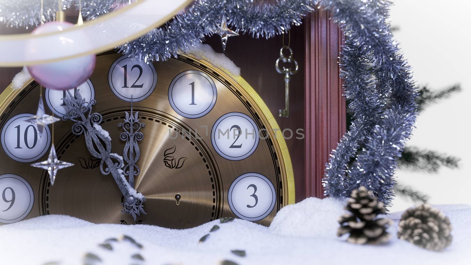 Christmas clock,key and fir branches covered with snow concept background by denisgo