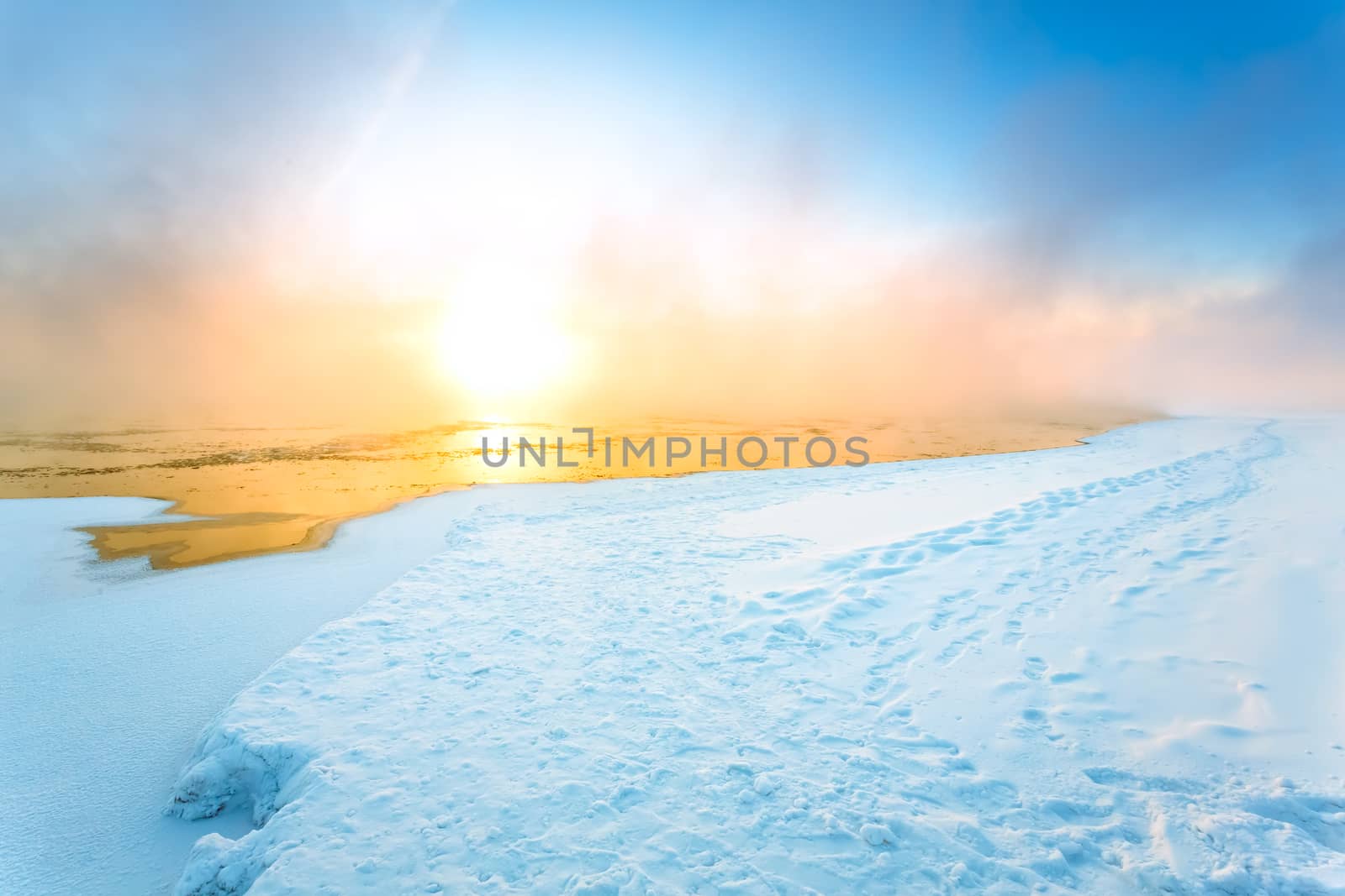 Fog on the river in winter