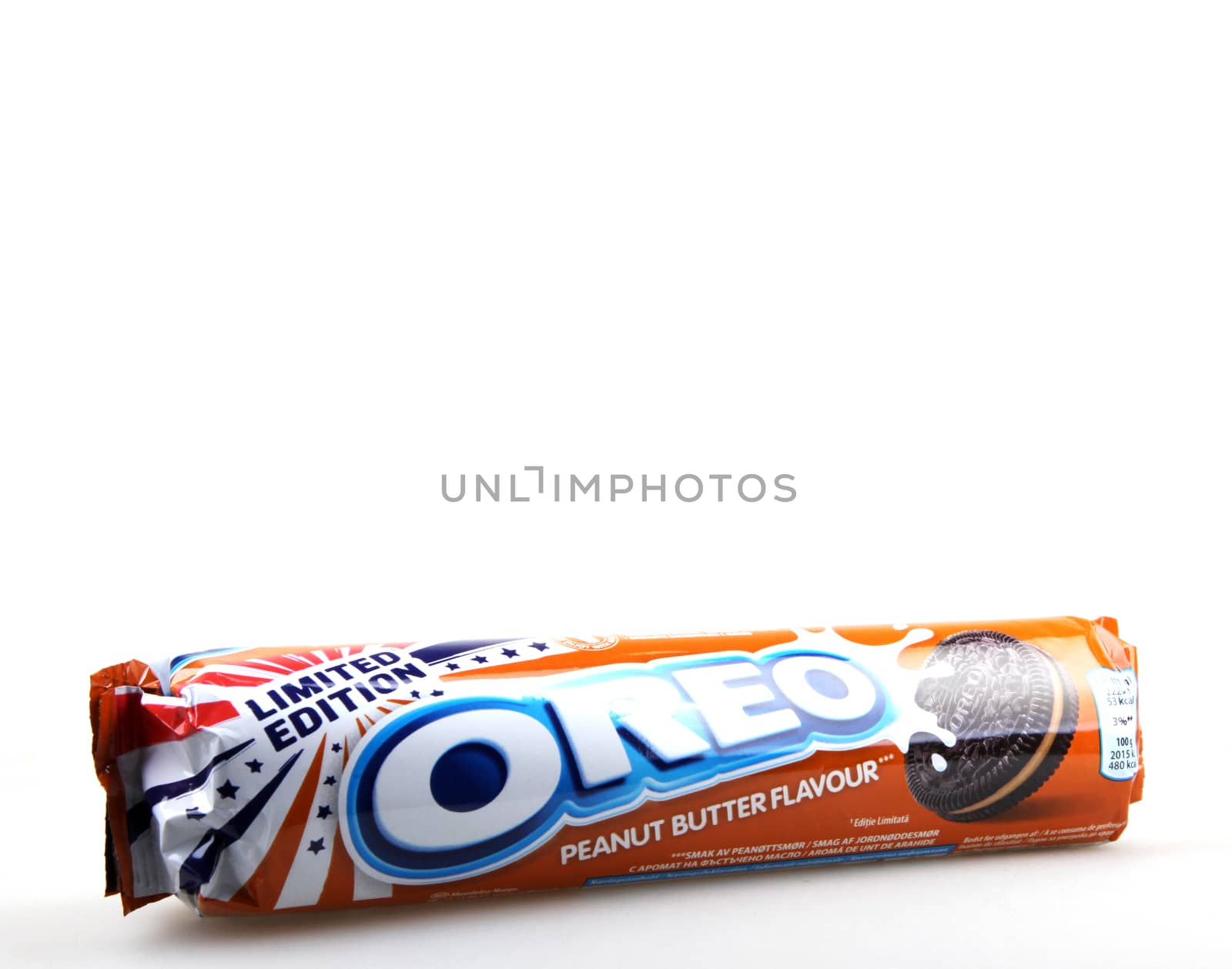 AYTOS, BULGARIA - MARCH 12, 2016: Oreo isolated on white background. Oreo is a sandwich cookie consisting of two chocolate disks with a sweet cream filling in between. by nenov