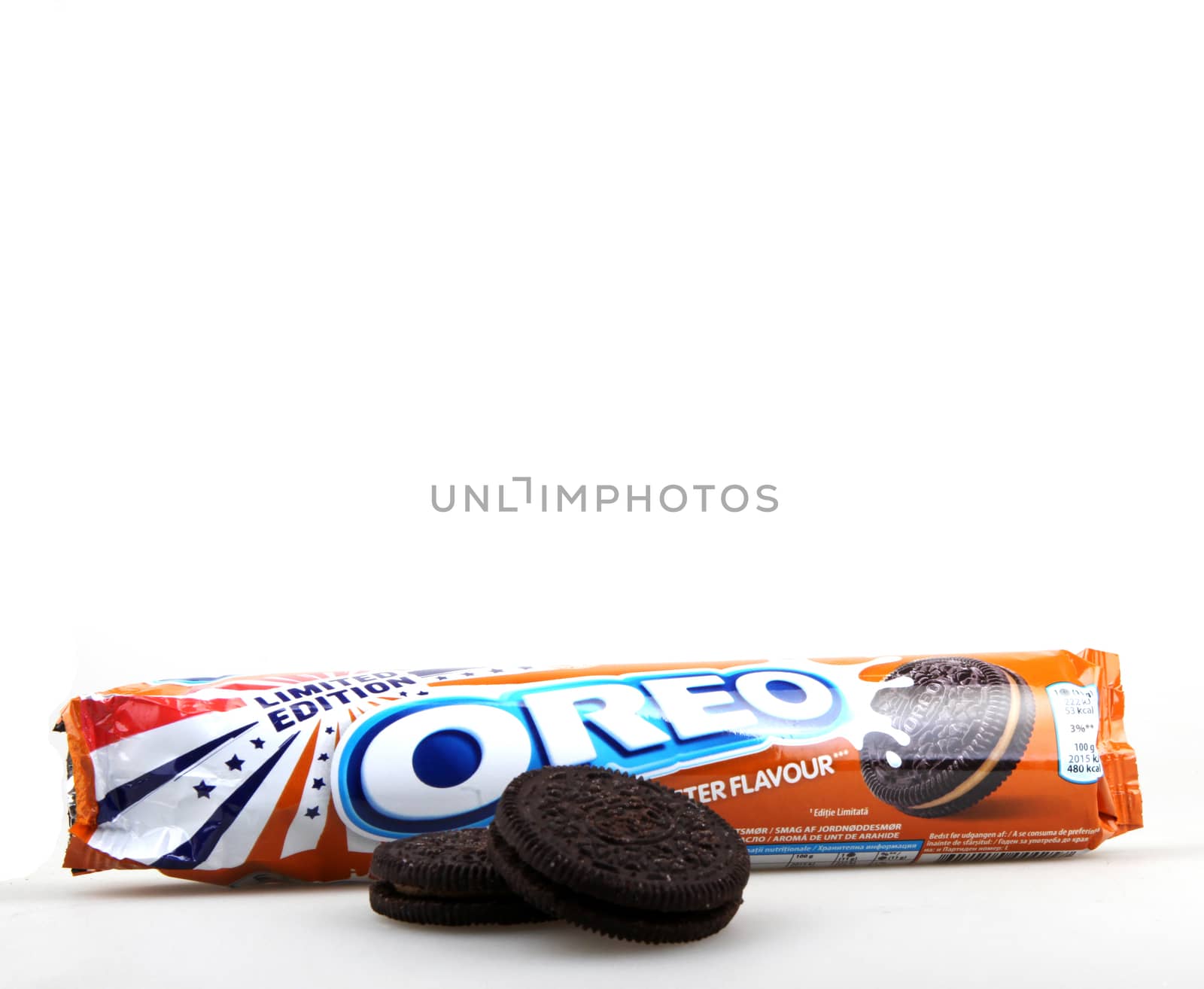 AYTOS, BULGARIA - MARCH 12, 2016: Oreo isolated on white background. Oreo is a sandwich cookie consisting of two chocolate disks with a sweet cream filling in between.