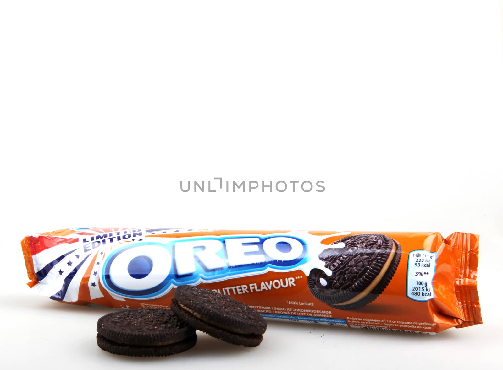 AYTOS, BULGARIA - MARCH 12, 2016: Oreo isolated on white background. Oreo is a sandwich cookie consisting of two chocolate disks with a sweet cream filling in between. by nenov