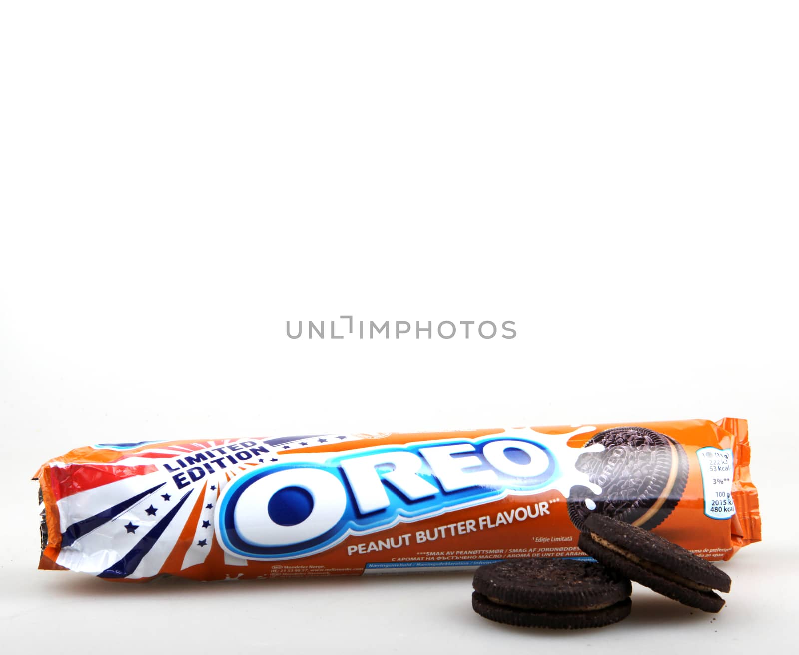 AYTOS, BULGARIA - MARCH 12, 2016: Oreo isolated on white background. Oreo is a sandwich cookie consisting of two chocolate disks with a sweet cream filling in between. by nenov