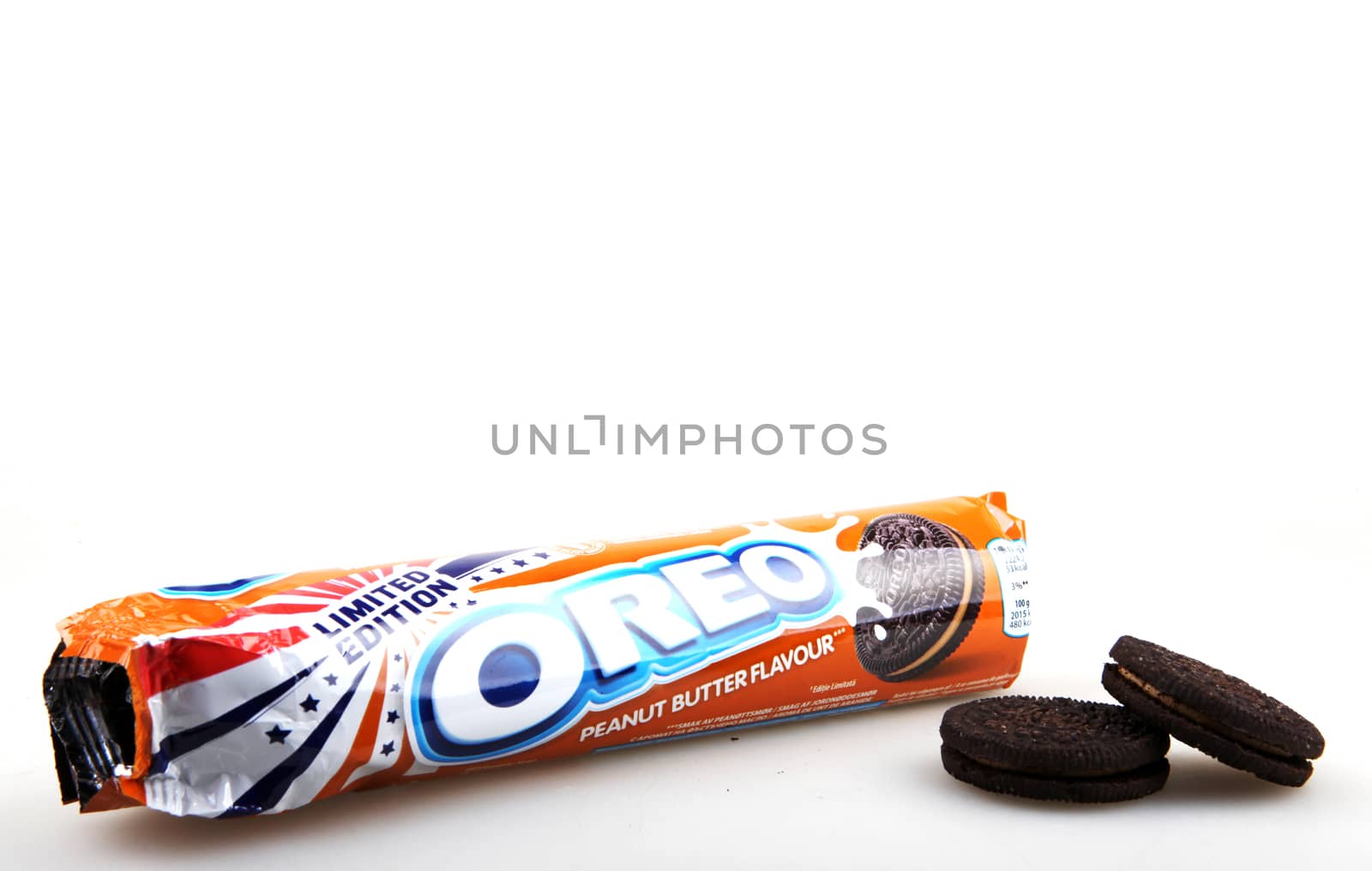 AYTOS, BULGARIA - MARCH 12, 2016: Oreo isolated on white background. Oreo is a sandwich cookie consisting of two chocolate disks with a sweet cream filling in between. by nenov