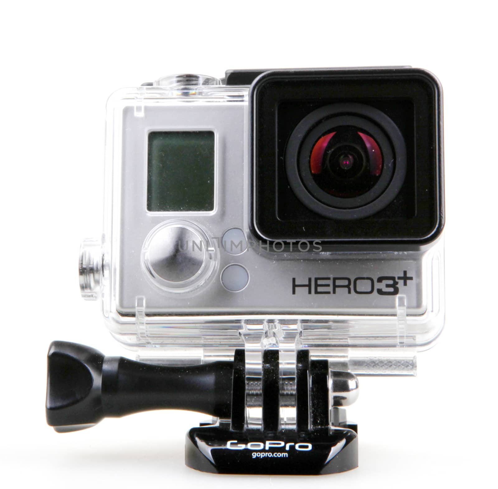 AYTOS, BULGARIA - MARCH 12, 2016: GoPro HERO3+ Black Edition isolated on white background. GoPro is a brand of high-definition personal cameras, often used in extreme action video photography.