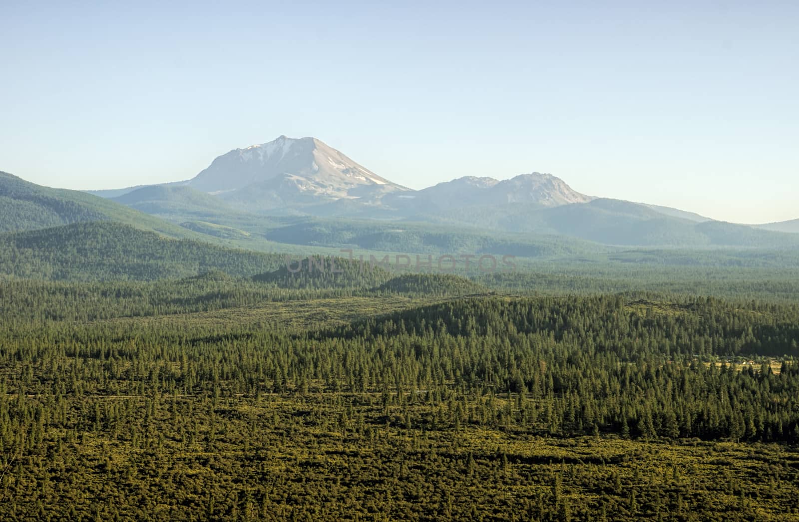 Mount Lassesn seen from the northeast side on a late afternoon in July. Mt. Lassen is a volcanic national park in Northern California.