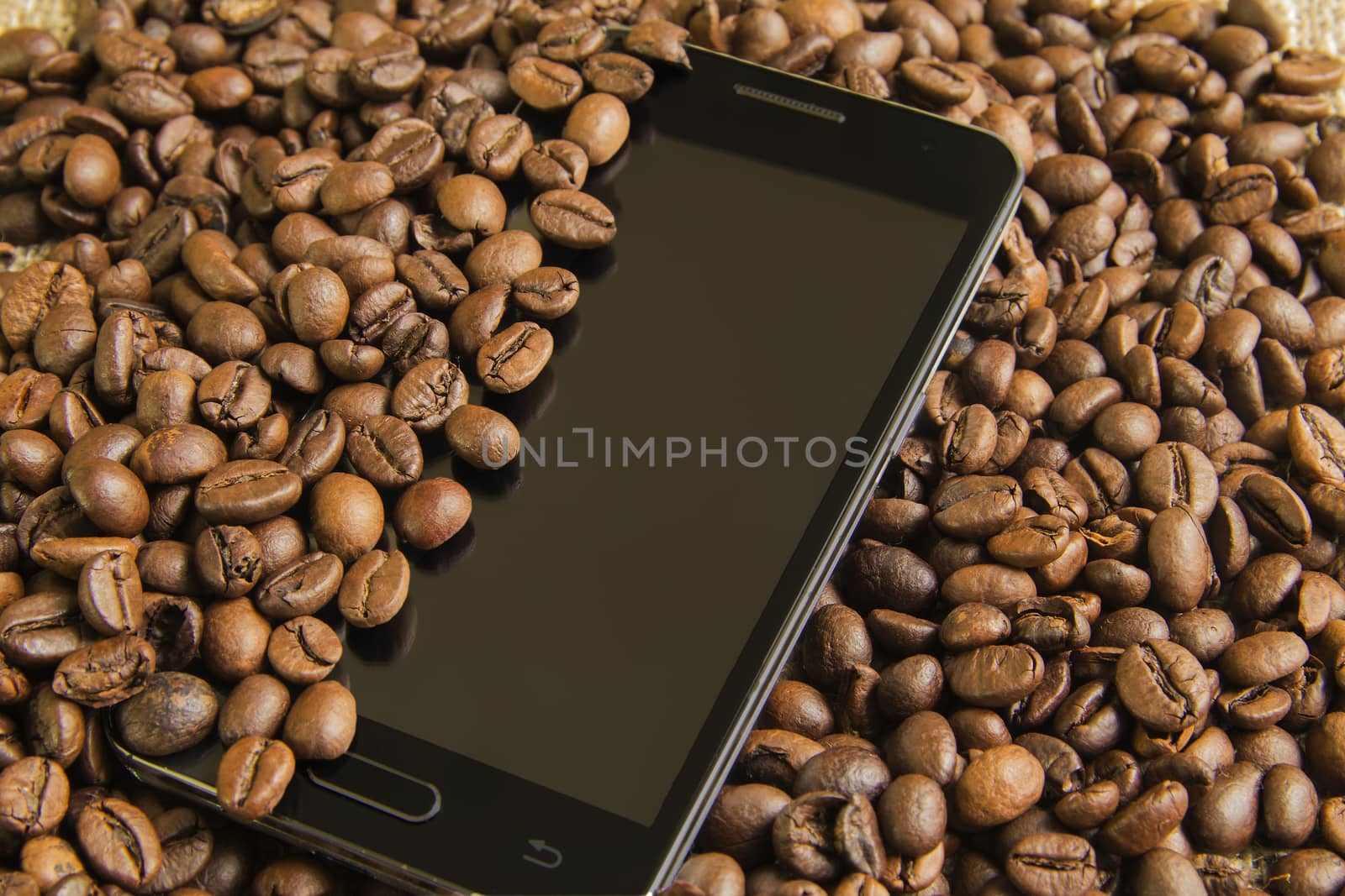 phone and coffee bauns on the texture of the bag from the fibers