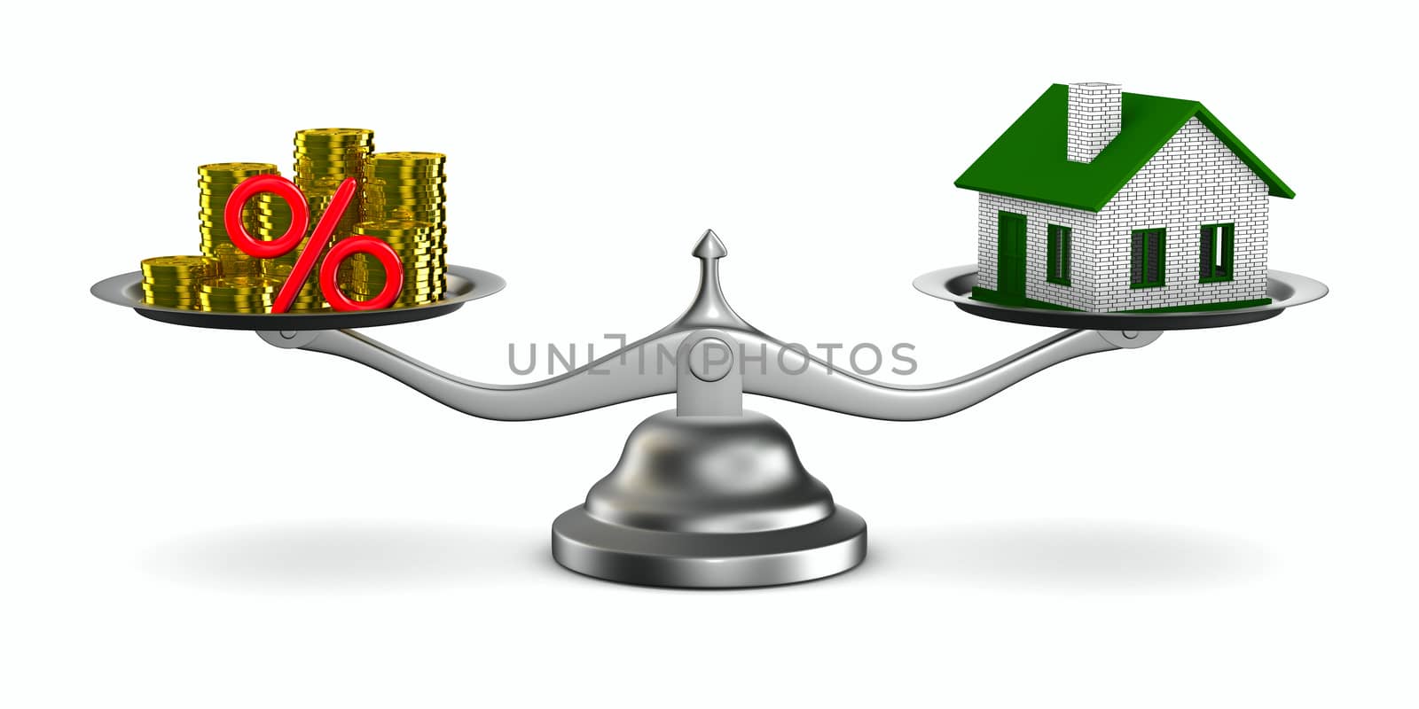 House and money on scales. Isolated 3D image by ISerg