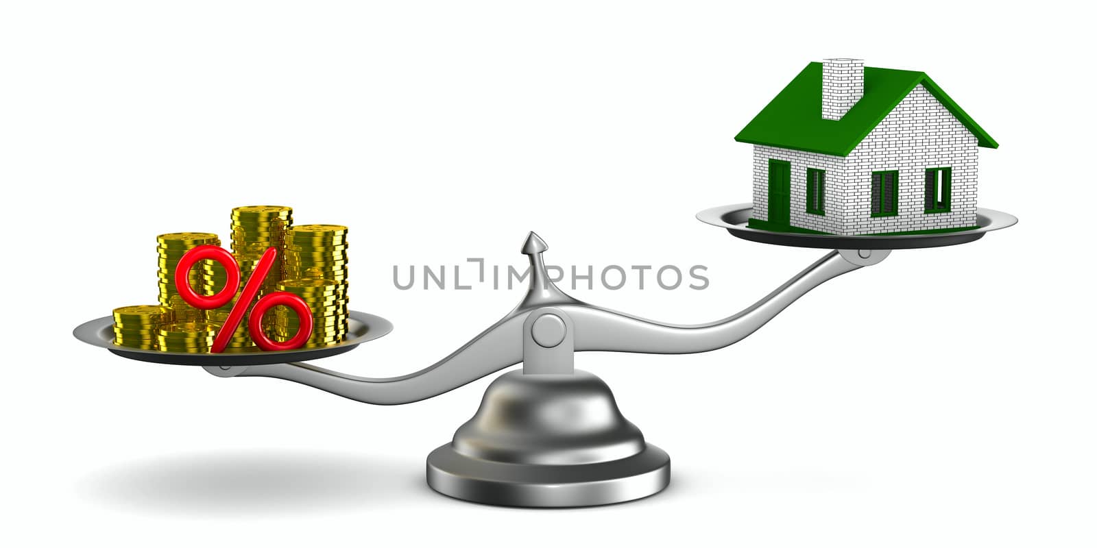 House and money on scales. Isolated 3D image