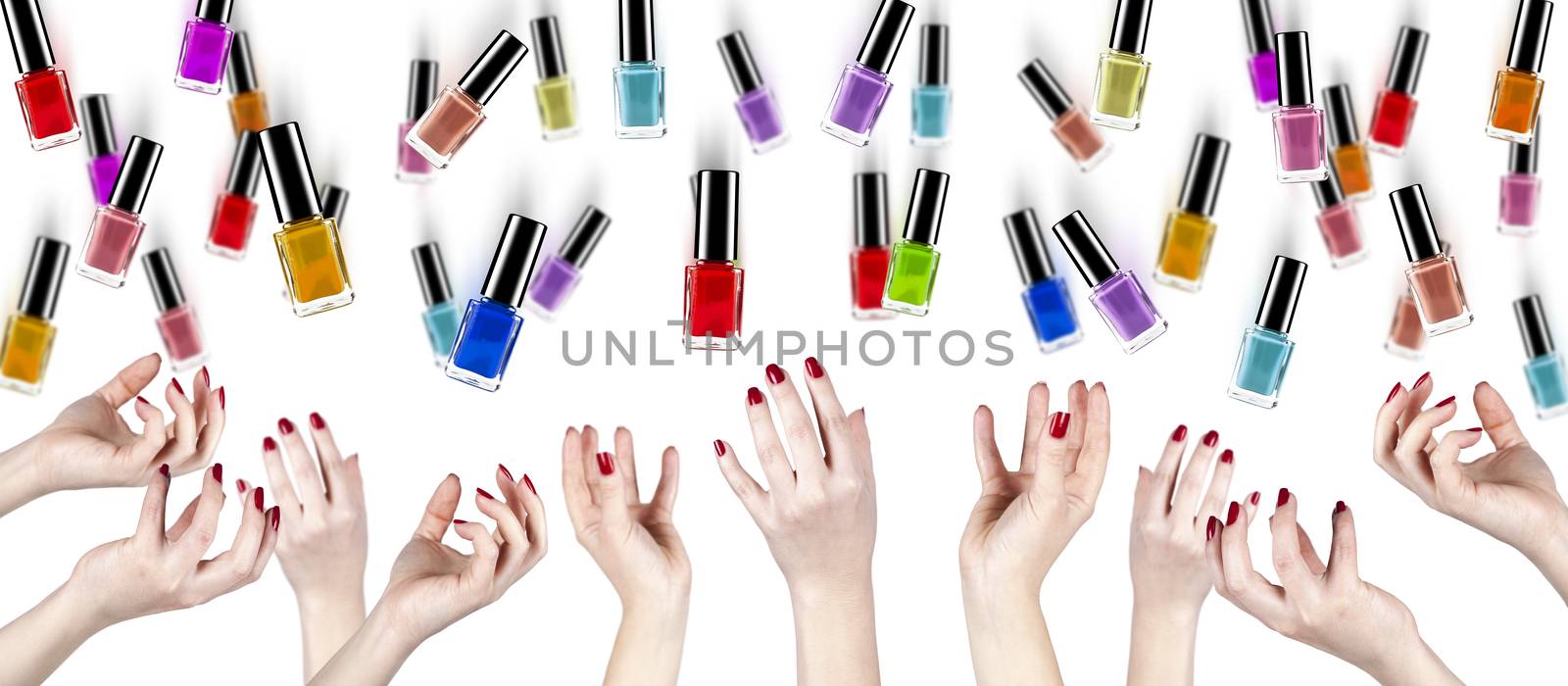 hands and nail polish on a white background