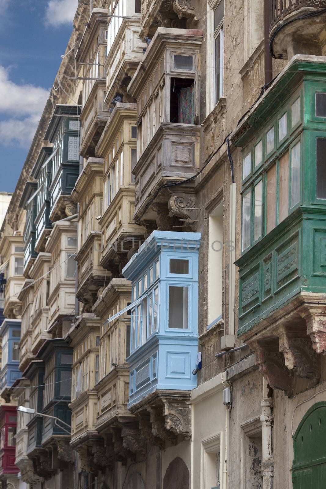 Typical wooden balcony on old building in capital of Malta, Valletta, Europe