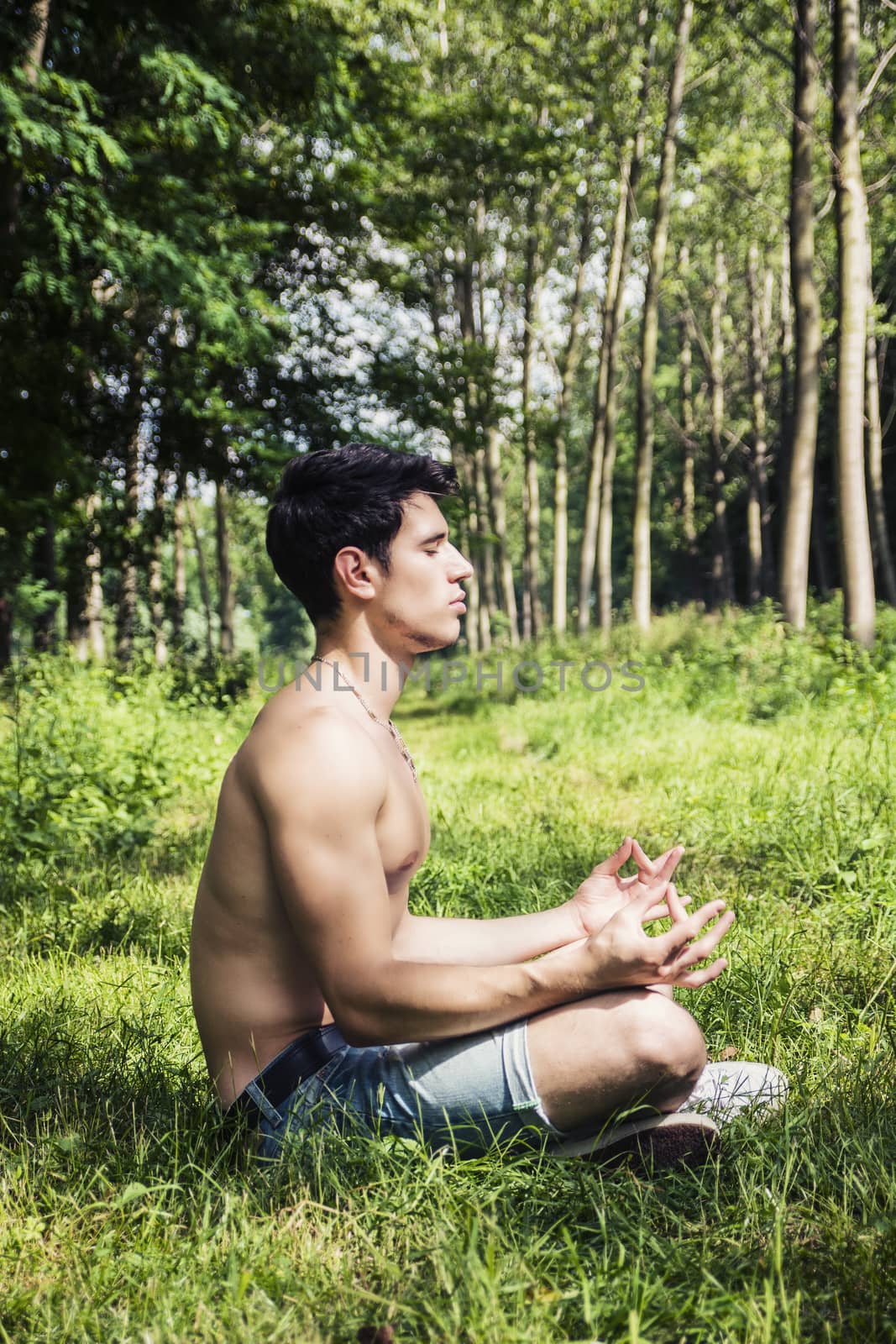 Profile of handsome Shirtless Young Man During Meditation or Doing an Outdoor Yoga Exercise Sitting Cross Legged on Grassy Ground Alone in Woods