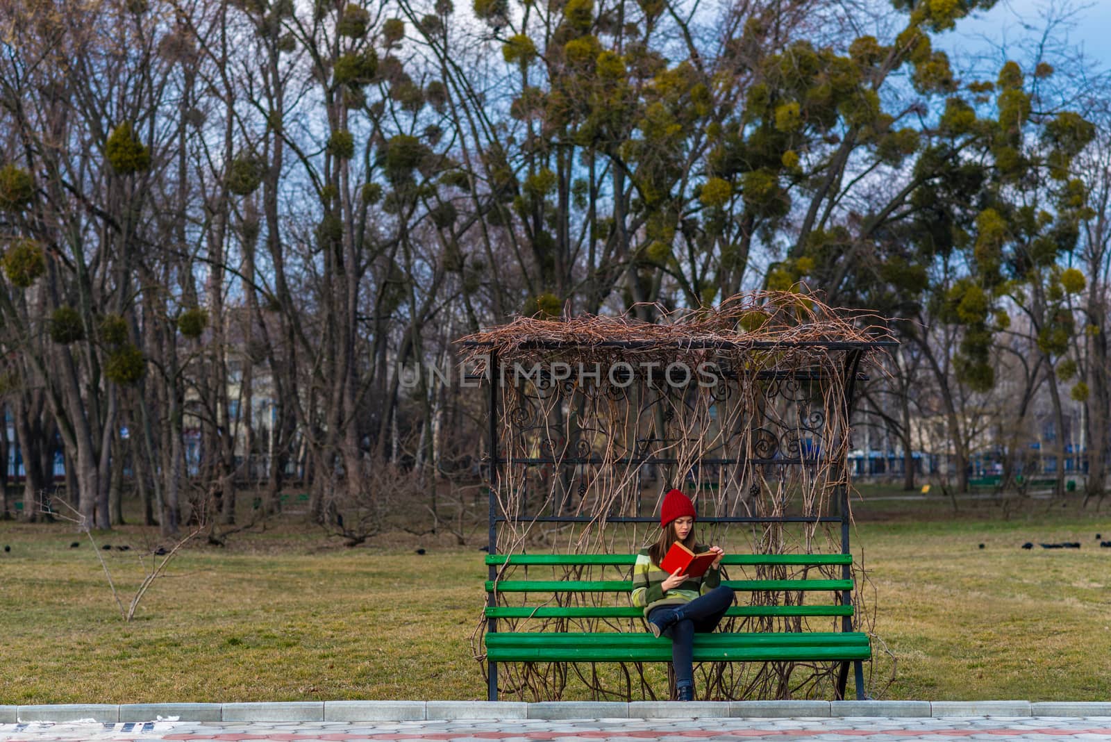 A teenager girl is sitting on a bench in a park in red hat and reading book with red cover.