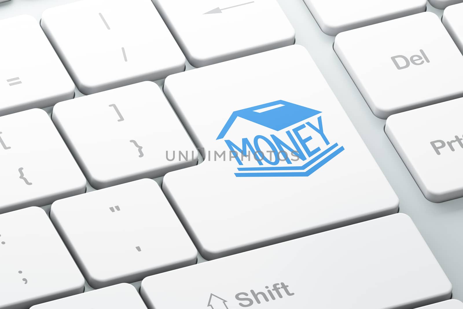 Money concept: Enter button with Money Box on computer keyboard background, 3d render