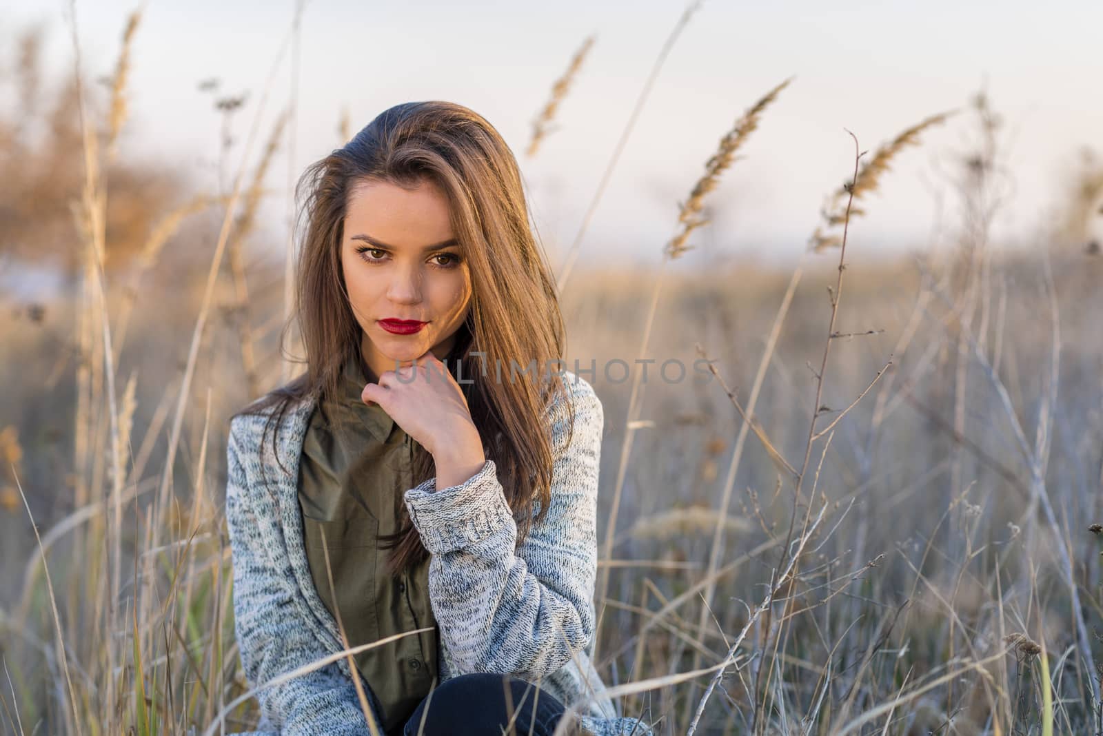 Self confident look. A beautiful teenage self confident girl sitting in a field. Girl has brown eyes and hair and red lips. 