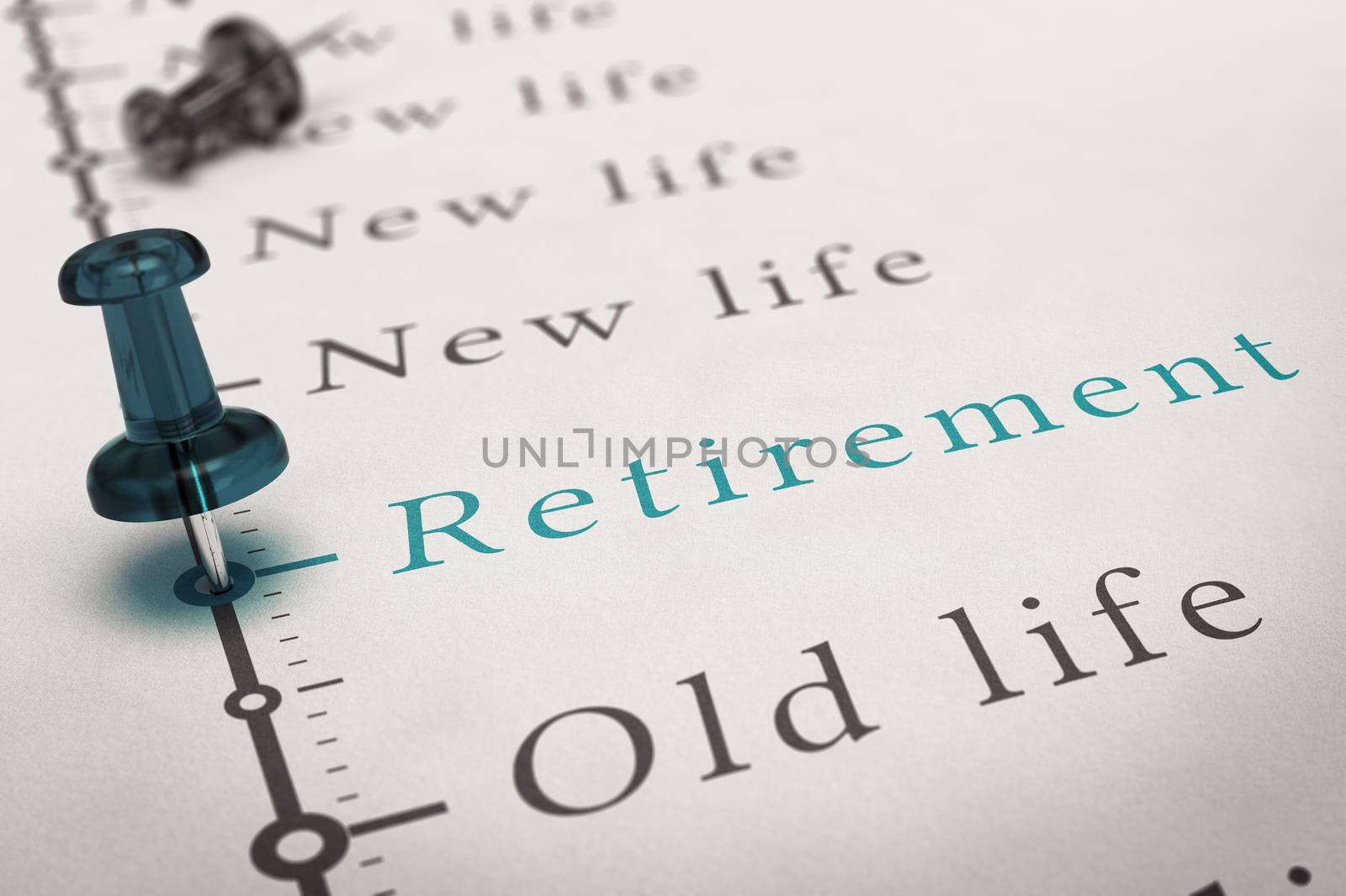 Retirement written on a timeline printed on a paper with a blue pushpin, concept image for changes after work life.