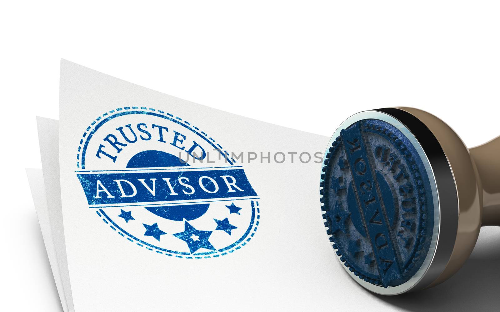 Advisor rubber stamp imprinted on a sheet of paper over white background. Concept of trust and business consulting.