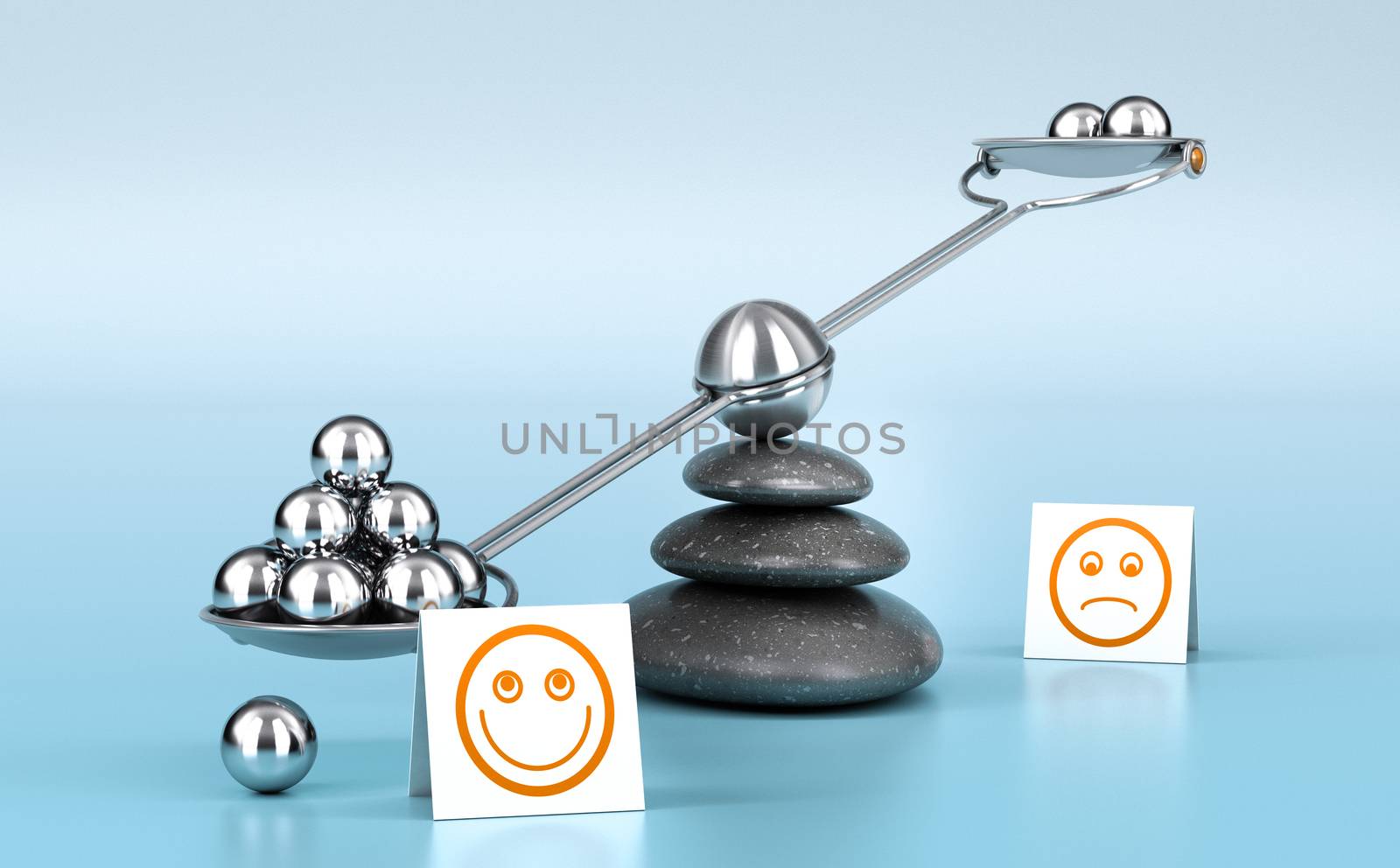 Metallic spheres on a seesaw with three black pebbles over blue background. Concept image for illustration of wellness or happyness.